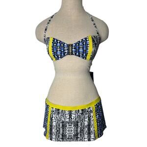 BCBGMaxazria Urban Contrast halter swim top and micro mini swim skirt S/L NWT